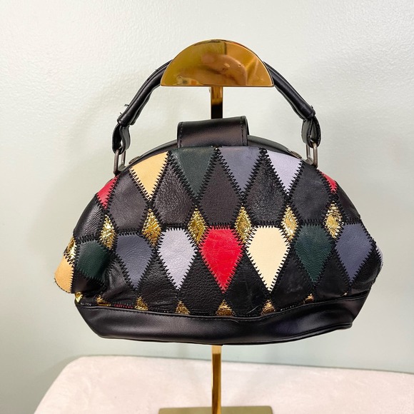 Vintage Patchwork Handbag Black Purse Art Deco Genuine Leather Mobwife Handcarry - Picture 2 of 8